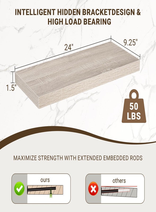 Acovy 24 Inch Floating Shelves, 3D Textured Wood Grain, 24"x9.25"x1.5" Inch Deep Floating Shelves for Wall, Wooden Shelves for Bathroom, Bedroom, Living Room, Vintage White Oak, 2 Pieces - Image 2